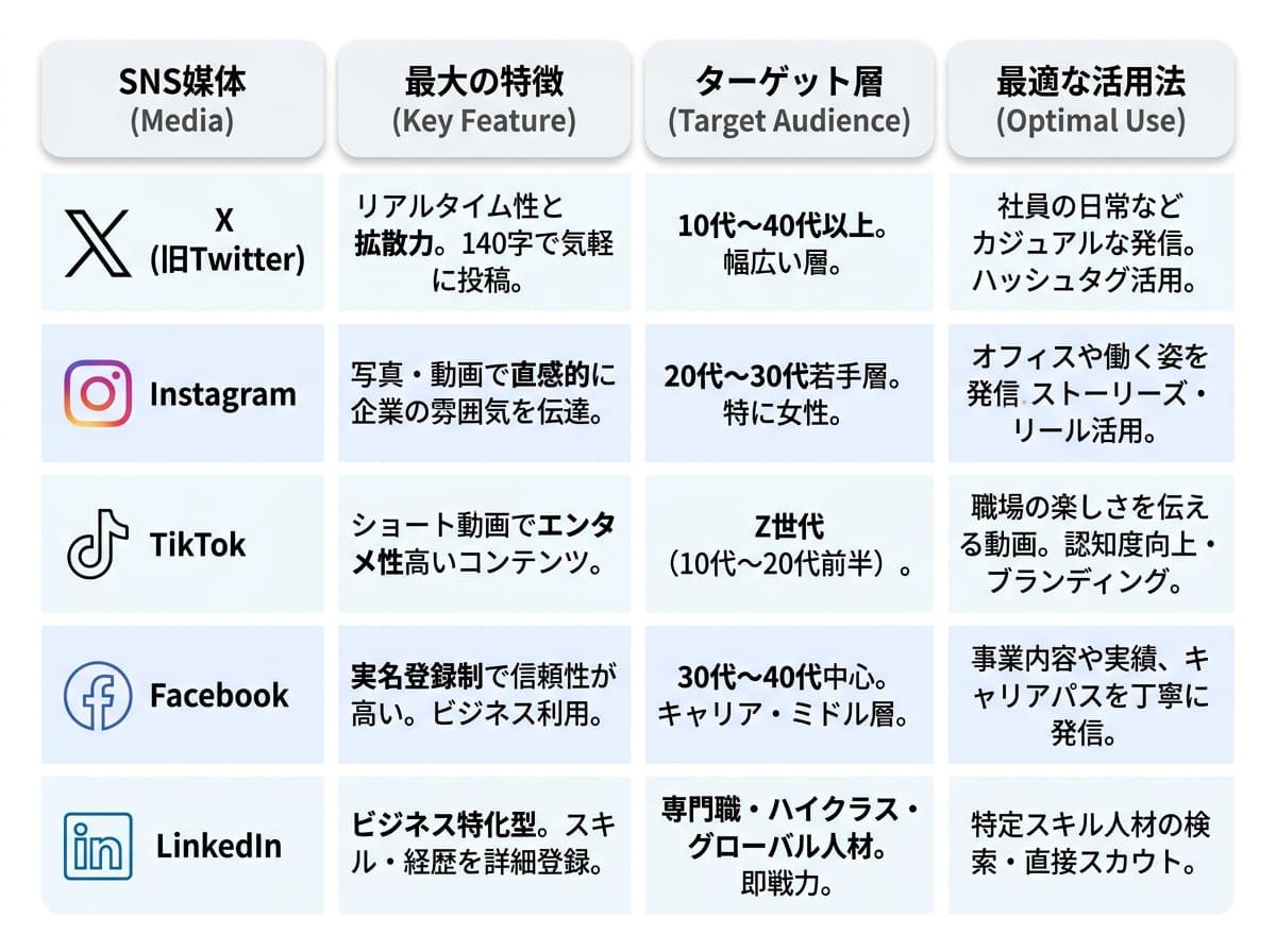 【採用ターゲット別】主要SNS媒体の特徴と最適な使い分け